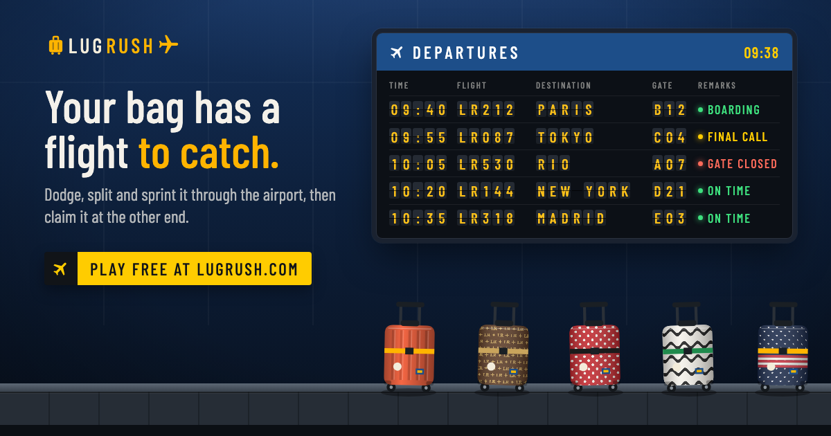 A LugRush departures board over patterned suitcases on a baggage belt